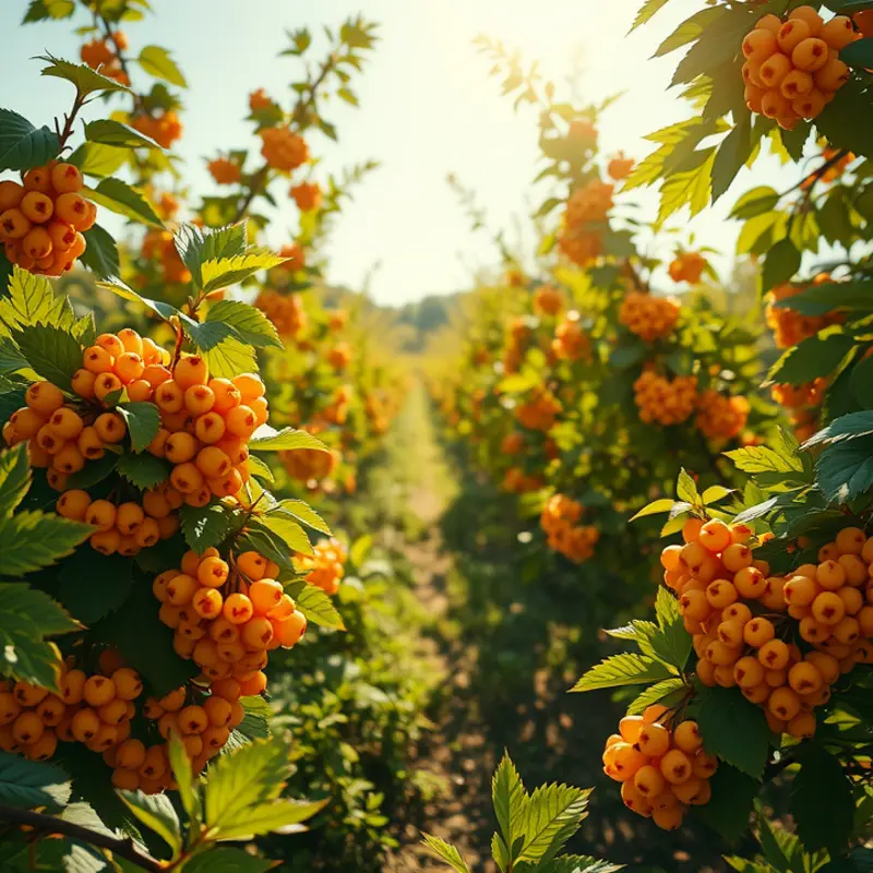 A sunlit orchard showcasing ripe golden berries in a natural setting.