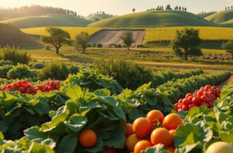 A beautiful landscape showcasing an organic harvest field filled with a diverse array of crops.