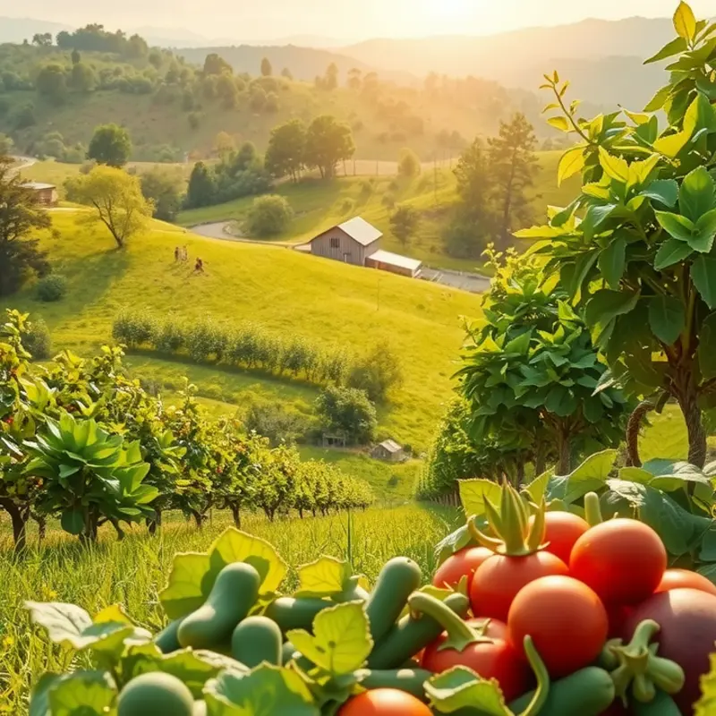 An abundant sunlit garden filled with organic vegetables and fruits.