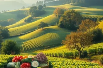 A serene landscape showcasing organic fruits and vegetables thriving in a natural, sunlit environment.