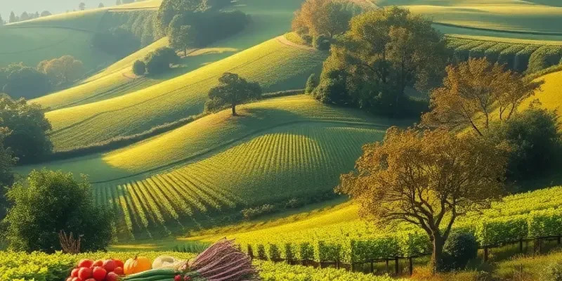 A serene landscape showcasing organic fruits and vegetables thriving in a natural, sunlit environment.