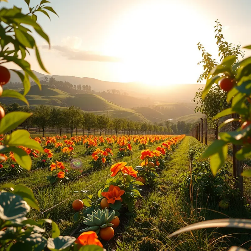 A vibrant orchard filled with fresh fruits and vegetables under warm sunlight.