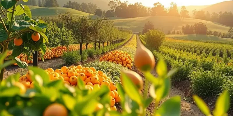 A sunny field filled with natural vegetables and fruits, promoting eco-friendly food choices.