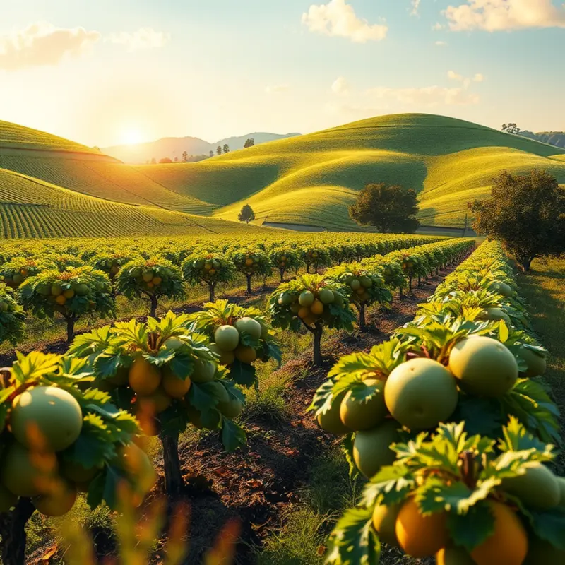 A sunlit field showcasing vibrant vegetables and fruits among lush greenery.