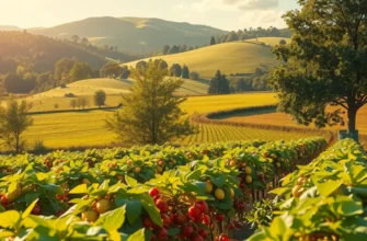 A sunlit field displaying vibrant fruits and vegetables in a natural setting.