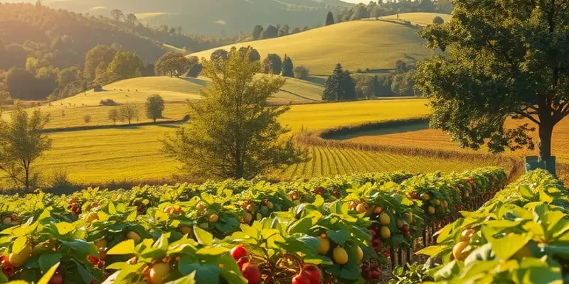 A sunlit field displaying vibrant fruits and vegetables in a natural setting.