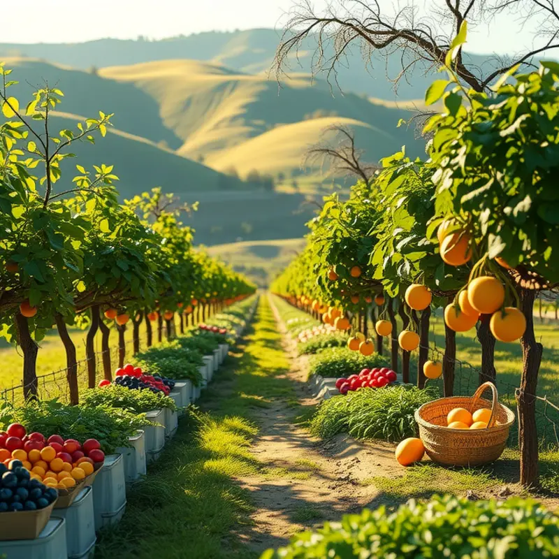 A scenic orchard with vibrant produce represents the diverse ingredients of grilling traditions worldwide.