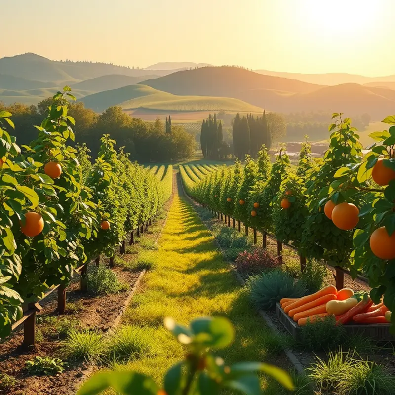 A scenic orchard with vibrant produce represents the diverse ingredients of grilling traditions worldwide.