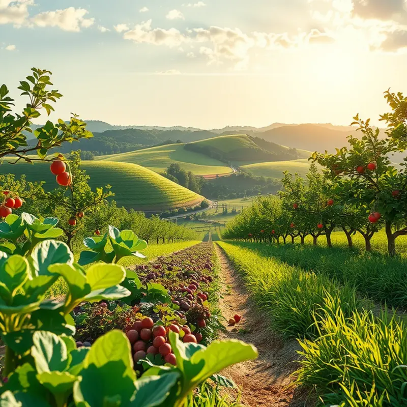 A vibrant sunlit orchard with fresh fruits and vegetables, symbolizing natural nutrition.