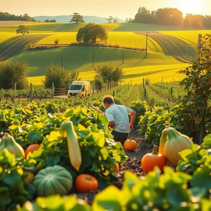 A vibrant sunlit orchard with fresh fruits and vegetables, symbolizing natural nutrition.