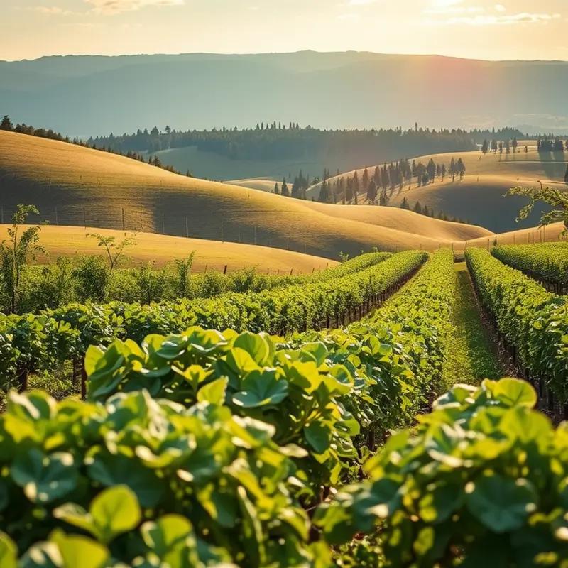 A scenic view of a sunlit orchard bursting with fresh produce.