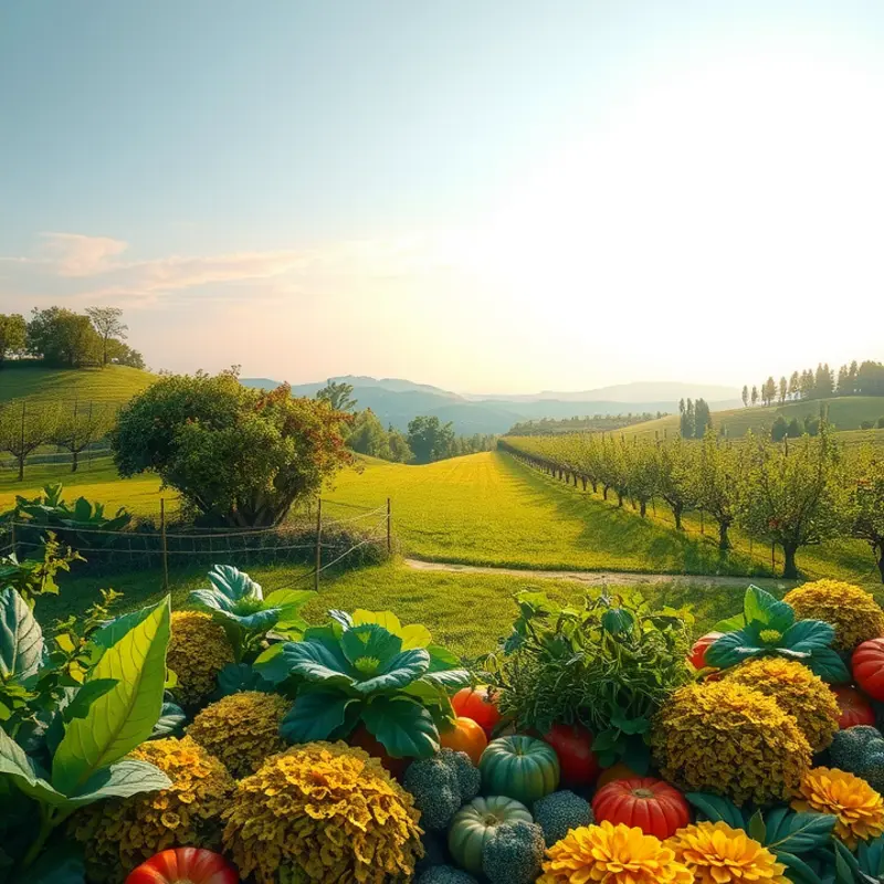 A sunlit orchard filled with vibrant vegetables ready for harvest.
