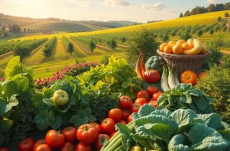 A scenic view of a sunlit field filled with organic vegetables and fruits.