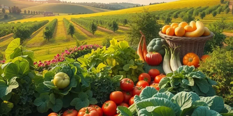 A scenic view of a sunlit field filled with organic vegetables and fruits.