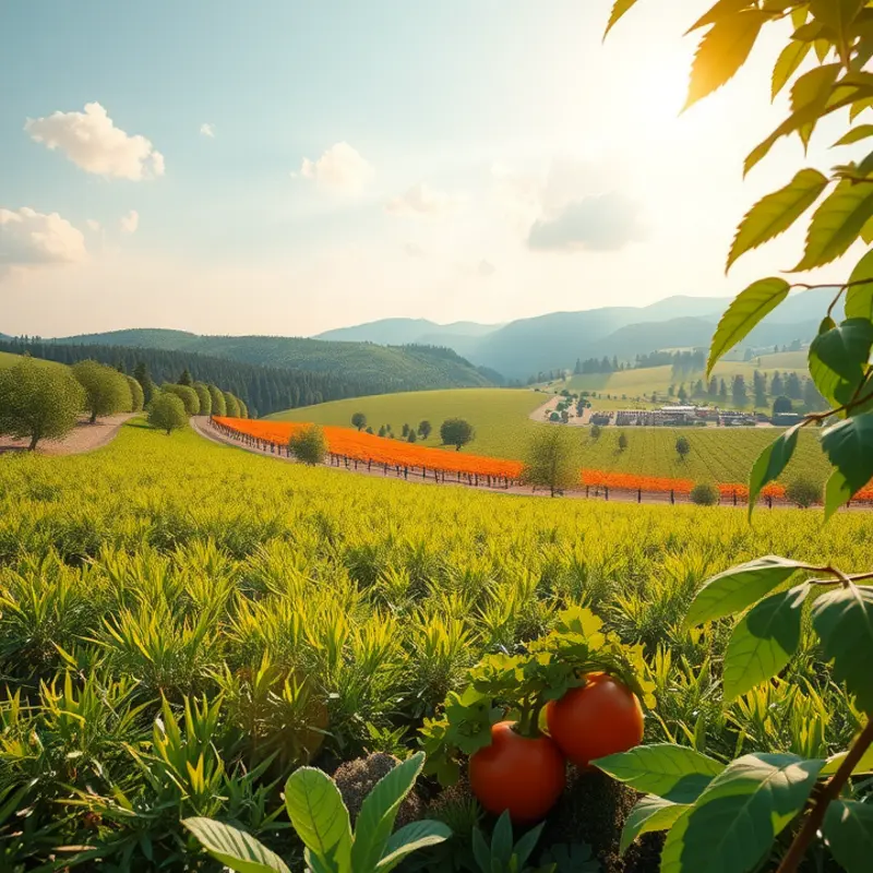 A sunlit orchard showcasing vibrant vegetables and fruits.