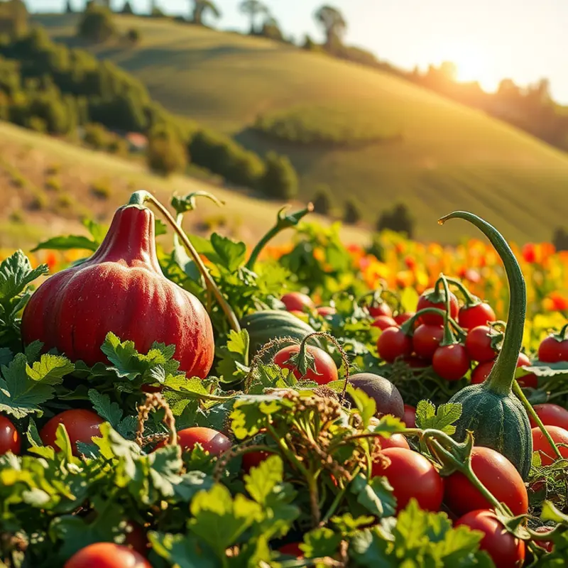 A vibrant sunlit orchard showcasing rich vegetables and fruits, embodying fresh, organic produce.