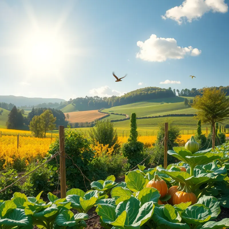 A vibrant, sunlit field showcasing the beauty of organic vegetables and fruits.