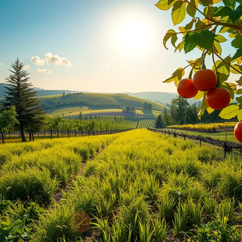 A sunlit field abundant with organic vegetables and fruits.