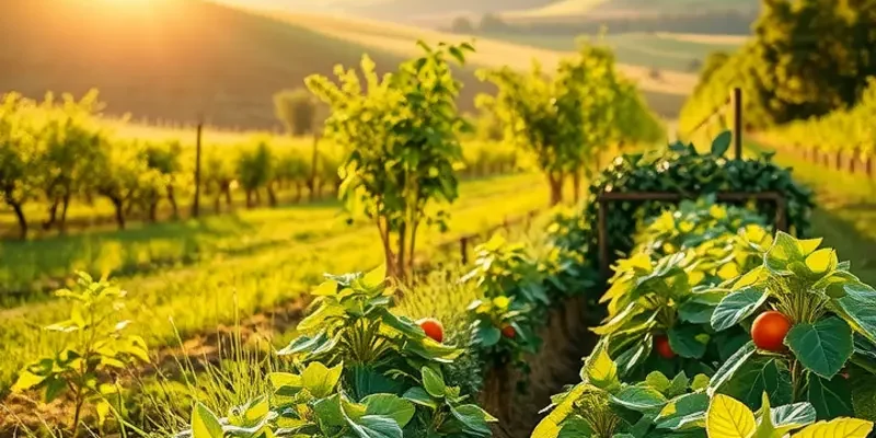 A beautiful, sunlit harvest field filled with organic fruits and vegetables, symbolizing nutrition.