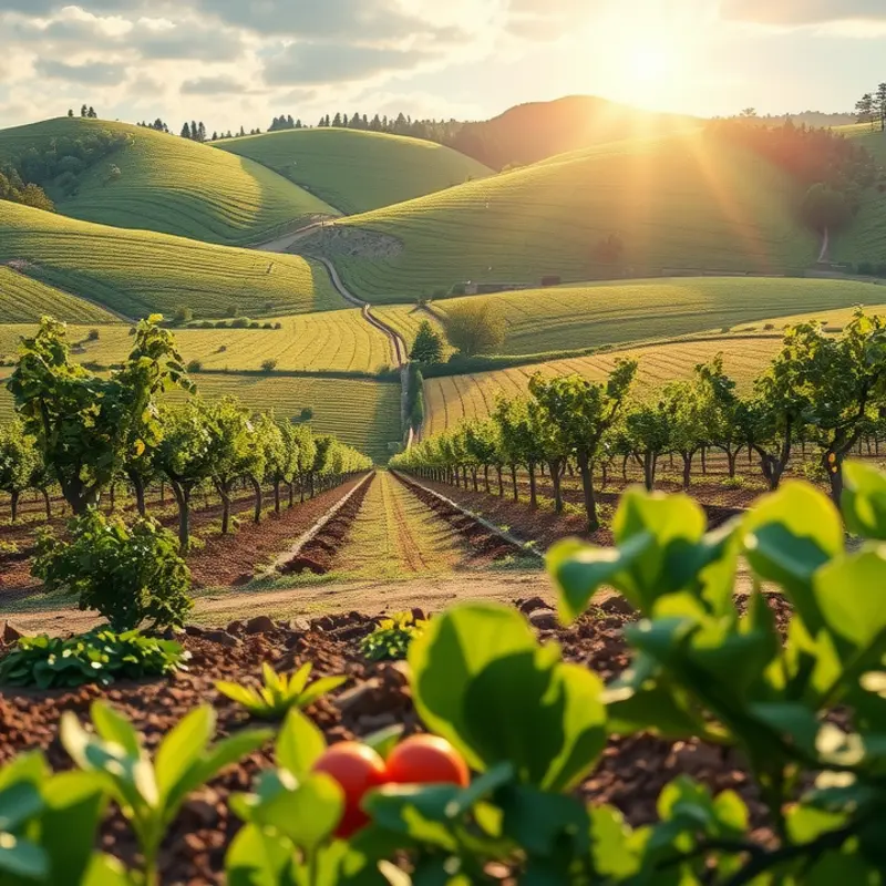 A sunlit field showcasing organic vegetables and fruits.