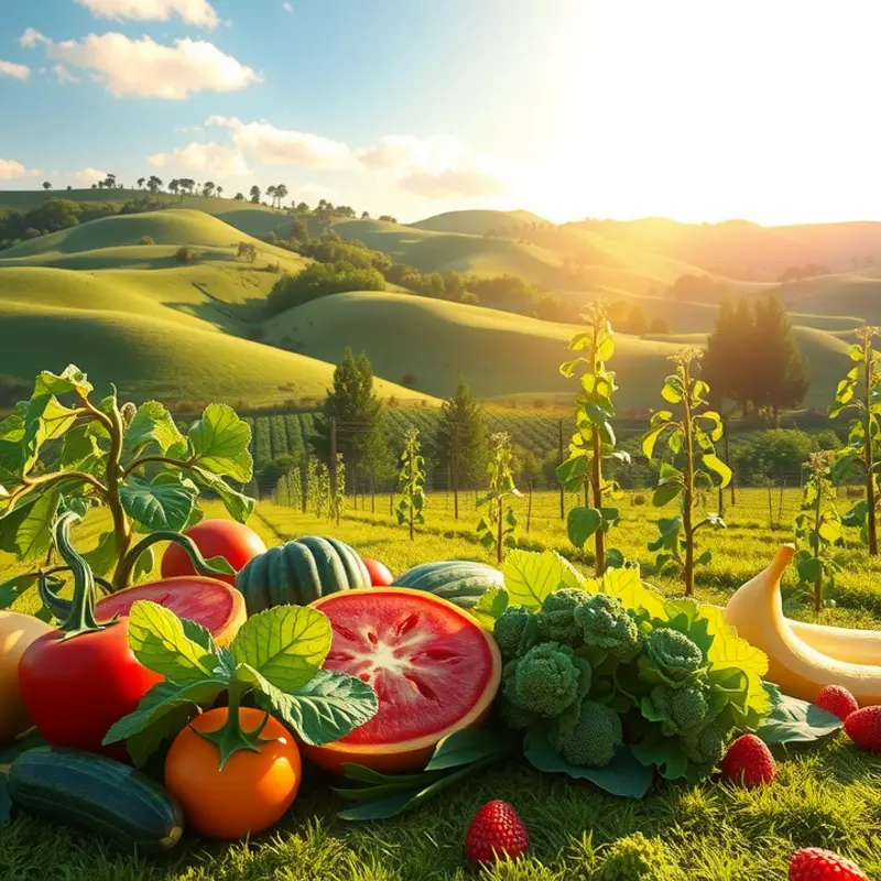 A sunlit field showcasing abundant organic vegetables and fruits.