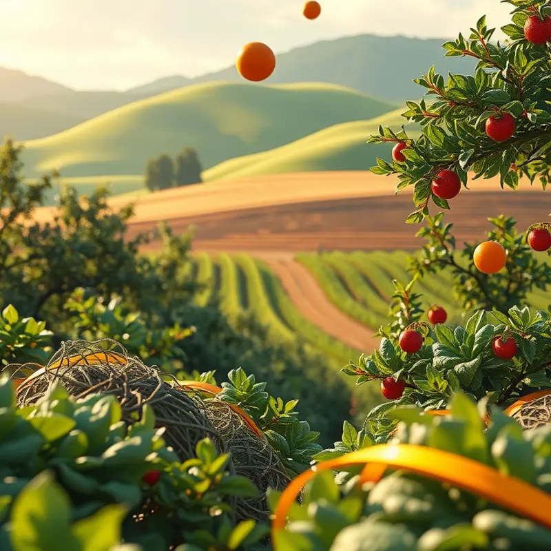 A sunlit field showcasing organic fruits and vegetables flourishing in a vibrant landscape.