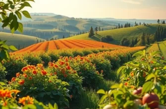 A vibrant, sunlit landscape rich with organic grains and vegetables, symbolizing ethical farming.