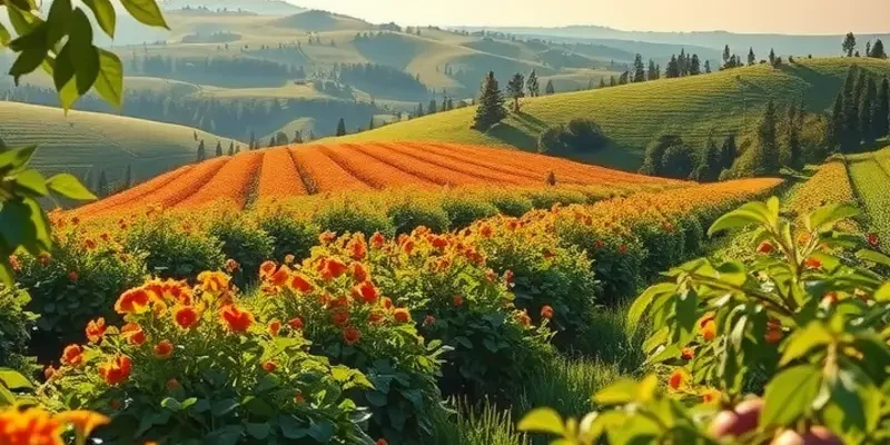 A vibrant, sunlit landscape rich with organic grains and vegetables, symbolizing ethical farming.