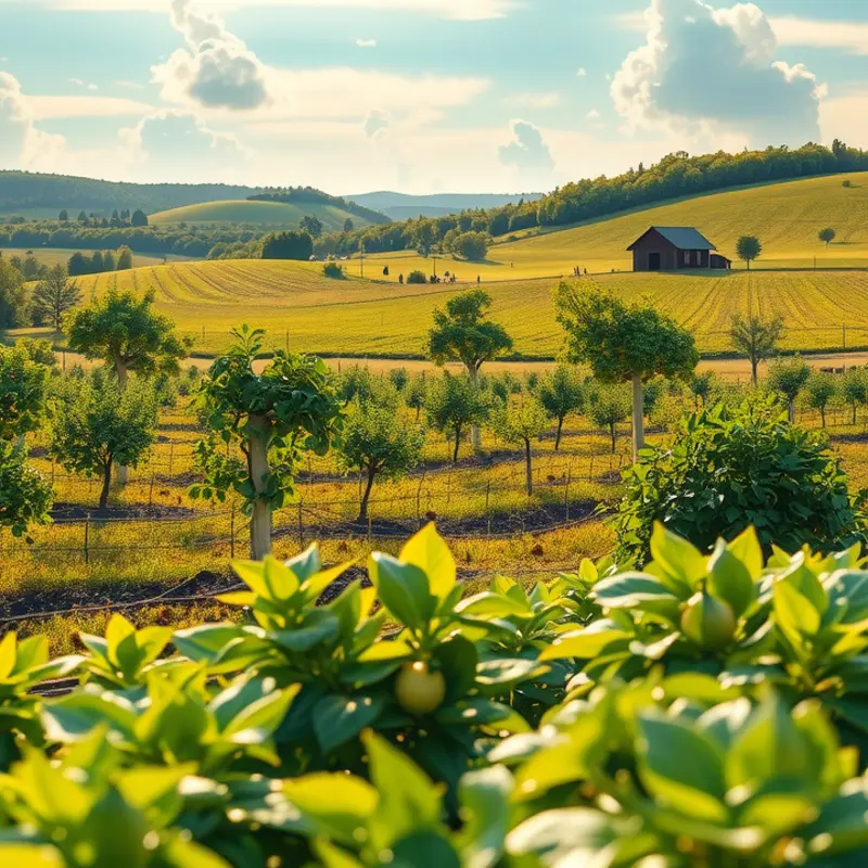 A vibrant sunlit orchard filled with organic produce, emphasizing the natural abundance of aronia berries.