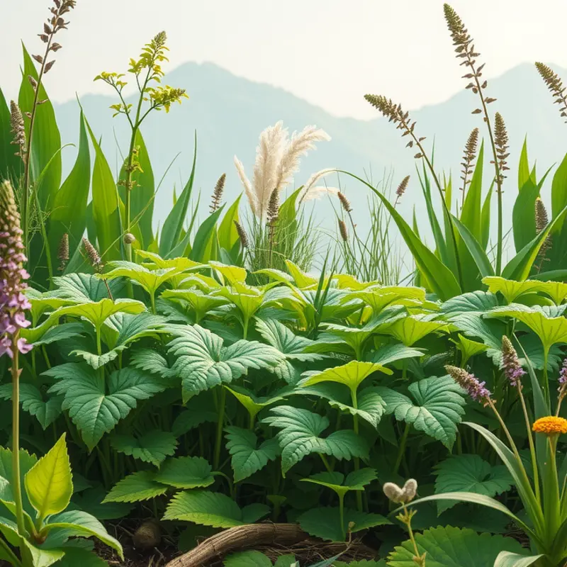 A vibrant field illustrating the natural beauty of stinging nettle amidst wild herbs, symbolizing health and nutrition.