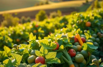 A serene field filled with a variety of fruits and vegetables, symbolizing healthy nutrition.