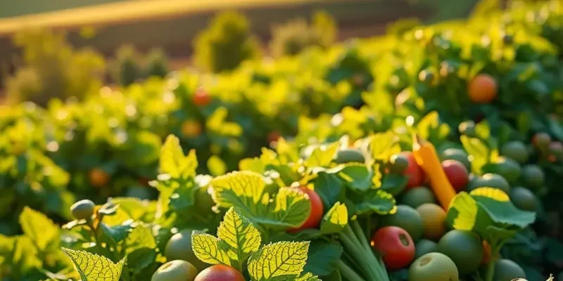 A serene field filled with a variety of fruits and vegetables, symbolizing healthy nutrition.
