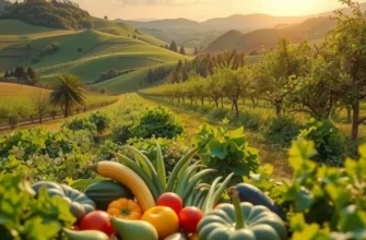 A vibrant landscape featuring organic fruits and vegetables growing in a natural setting, embodying healthy breakfast ingredients.