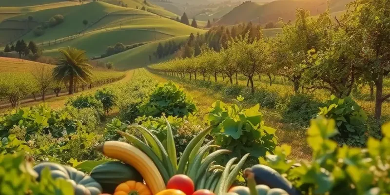 A vibrant landscape featuring organic fruits and vegetables growing in a natural setting, embodying healthy breakfast ingredients.