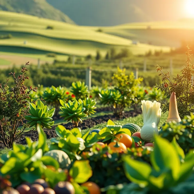 A lush landscape representing the abundance of healthy nutrition, with vibrant fruits and vegetables growing naturally.