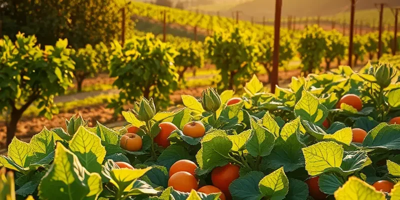 A vibrant landscape showcasing a field of fresh vegetables and fruits, representing healthy cooking.