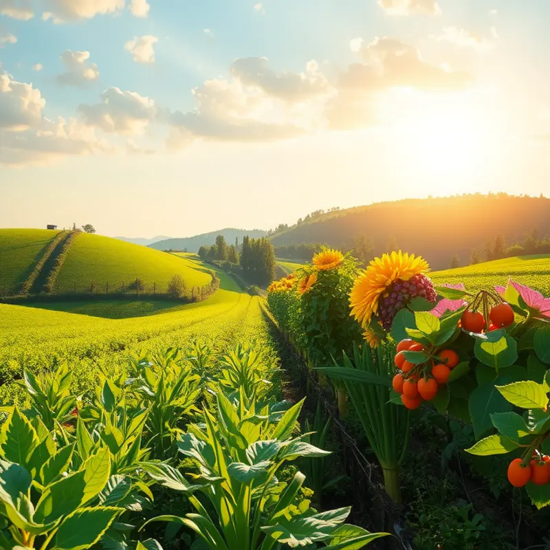 A sunlit field showcasing the abundance of fresh fruits and vegetables.