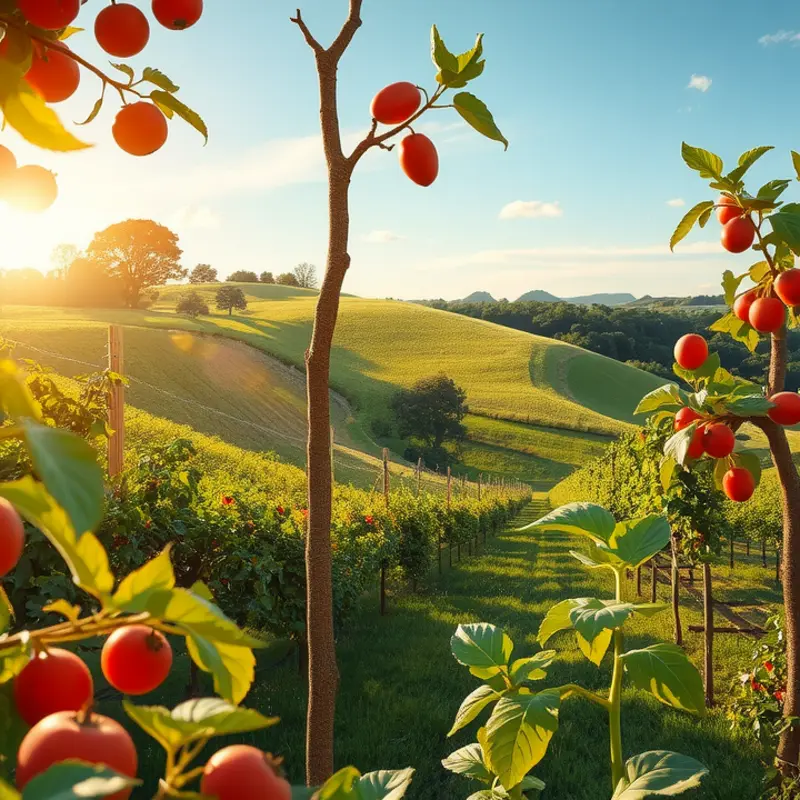 A vibrant sunlit orchard rich in organic produce symbolizes healthy nourishment.