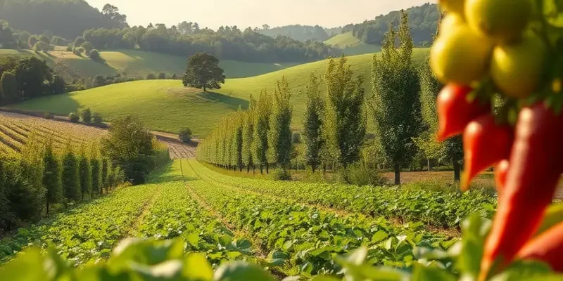 A picturesque sunlit orchard featuring vibrant fruits and vegetables, symbolizing healthy eating.