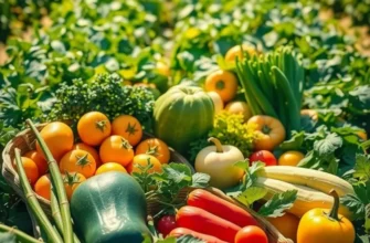 A scenic view of a sunlit field with a variety of colorful fruits and vegetables, emphasizing natural nutrition.