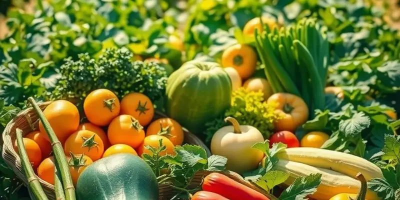 A scenic view of a sunlit field with a variety of colorful fruits and vegetables, emphasizing natural nutrition.