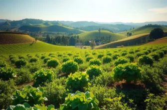 A photorealistic landscape of a sunlit field showcasing an abundance of fresh fruits and vegetables among lush greenery.
