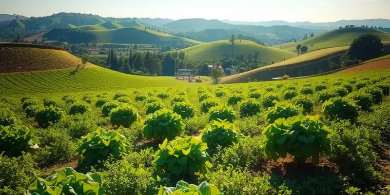 A photorealistic landscape of a sunlit field showcasing an abundance of fresh fruits and vegetables among lush greenery.