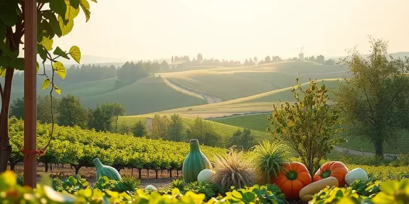 A serene landscape representing healthy nutrition with vibrant fruits and vegetables in a natural setting.