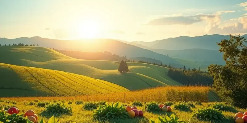 A sunlit orchard filled with organic fruits and vegetables representing nutritious foods.