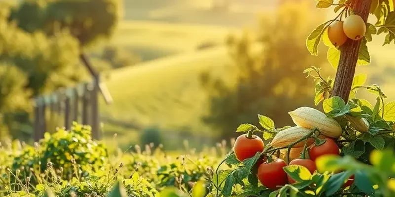 A lush organic field filled with vibrant fruits and vegetables, representing healthy nutrition.