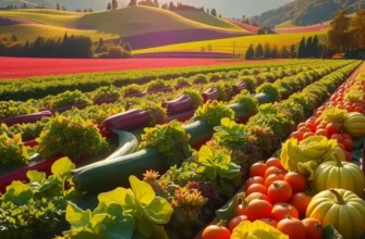 A vibrant landscape focusing on fresh vegetables and fruits surrounded by lush greenery.
