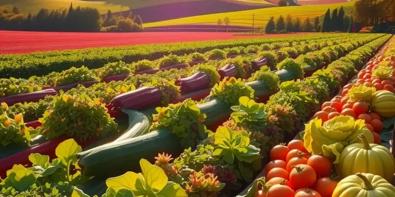 A vibrant landscape focusing on fresh vegetables and fruits surrounded by lush greenery.