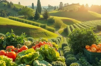 Under a bright sun, a field of organic fruits and vegetables bathed in warm light, symbolizing healthy eating.
