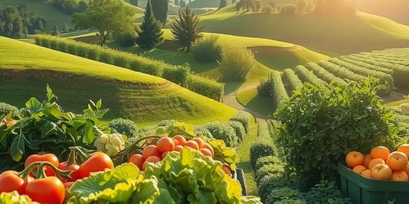 Under a bright sun, a field of organic fruits and vegetables bathed in warm light, symbolizing healthy eating.